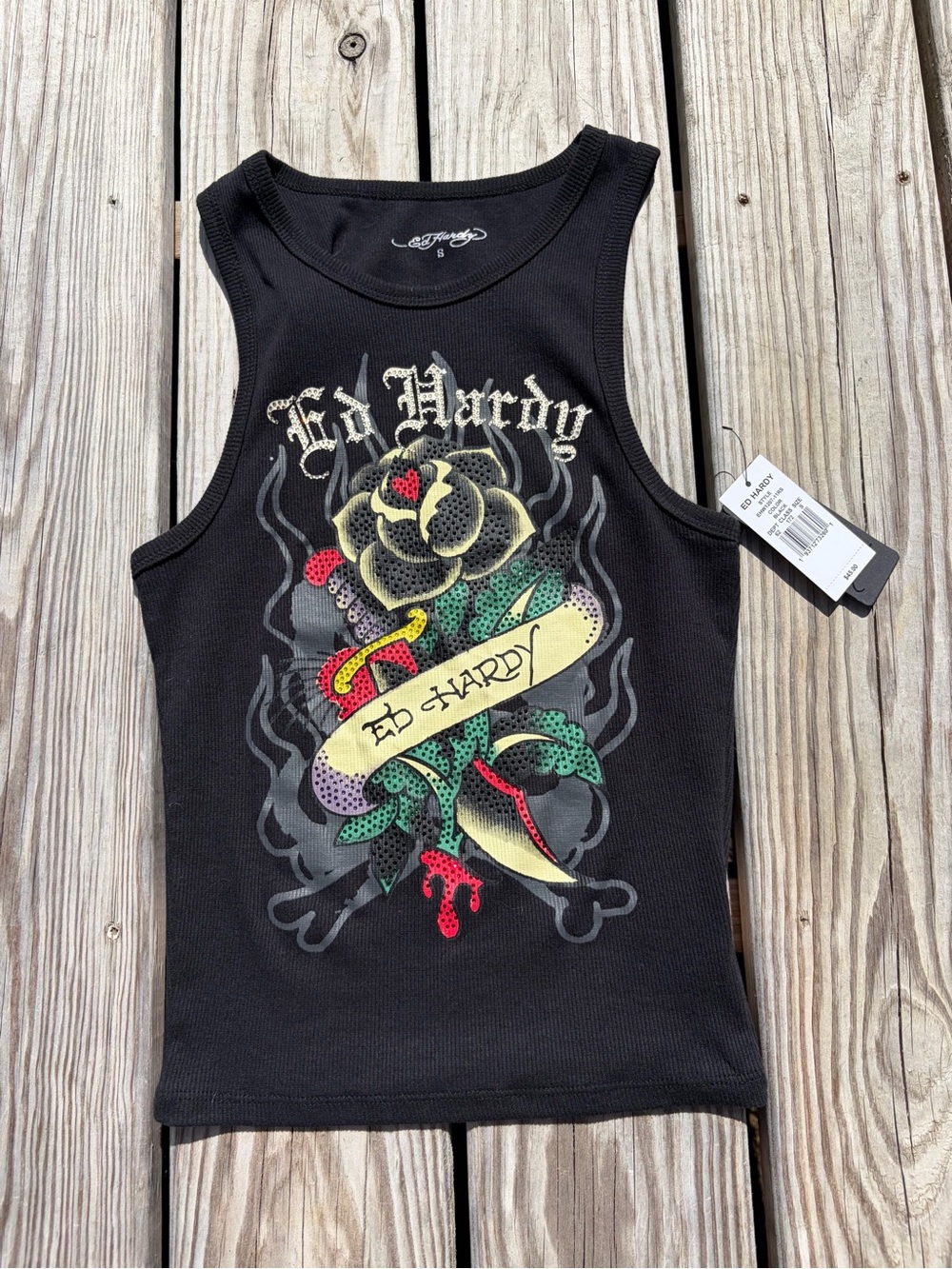 (New) Ed Hardy Tank Top size Small Rhinestones Black Tattoo Front And Back